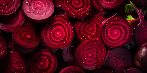 Wet water cut drop red beet close-up, wallpaper horizontal