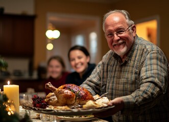 Happy family celebrating Christmas dinner at home.