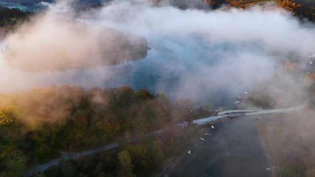 Aerial view of Lake Solina near the village of Zawoz in Bieszczady Mountains, Poland