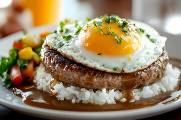 Savory beef patty topped with a sunny-side-up egg served over rice with fresh garnish
