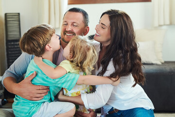 Obraz premium Happy family, relax or parents playing with siblings and smile for bonding or child development. Mother, father and funny kids laughing together with dad, mom or children with love for boy and girl