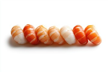 A close-up view of colorful shrimp sushi with distinct patterns, perfect for food blogs, culinary websites, or restaurant menus, Its vibrant colors highlight freshness and appeal to seafood lovers,