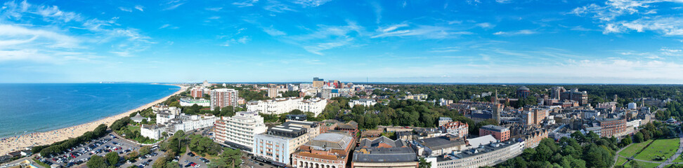 Fototapeta premium Aerial Panoramic View of Best British Tourist Attraction at Bournemouth City of England Great Britain UK. High Angle Footage was Captured with Drone's Camera from High Altitude on August 23rd, 2024