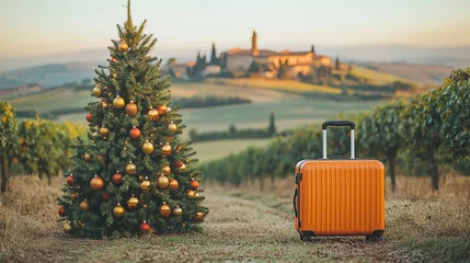 Christmas Tree and Suitcase in Vineyard Landscape