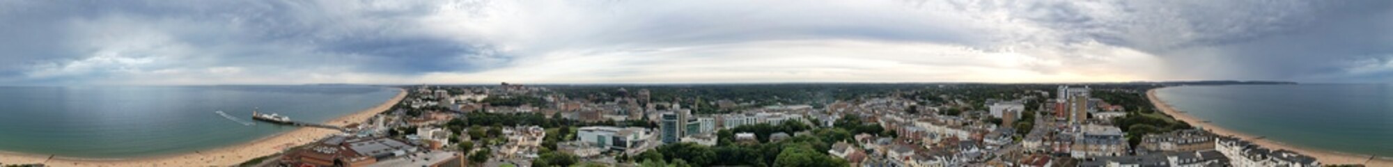 Aerial Panoramic View of Best British Tourist Attraction at Bournemouth City of England Great Britain UK. High Angle Footage was Captured with Drone's Camera from High Altitude on August 23rd, 2024