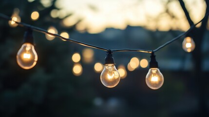 String lights illuminate a serene outdoor setting at dusk.
