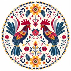Obraz premium Folk floral embroidery with roosters from Poland