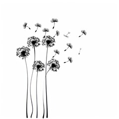 Black silhouette with flying dandelion buds against white background