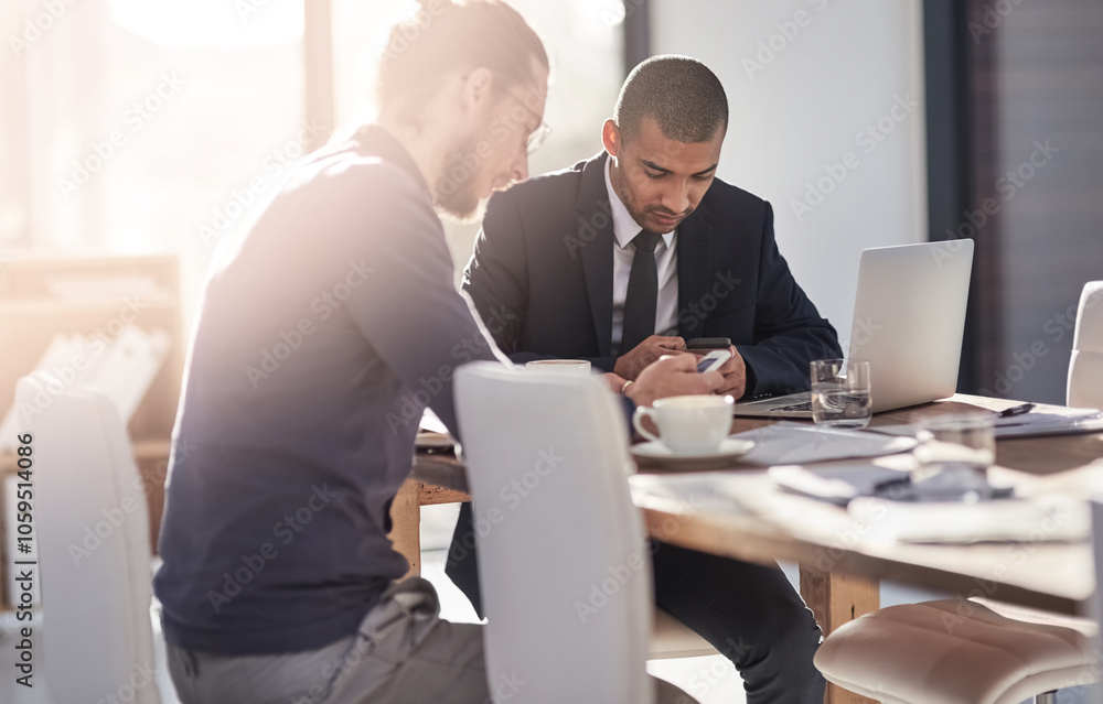 Poster business, people and typing with phone in office for meeting schedule, communication and review feed