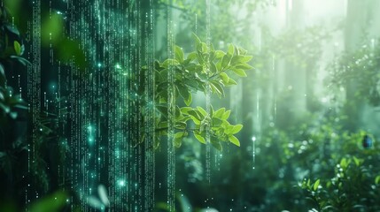 Obraz premium Vibrant greenery with digital elements in a serene forest setting