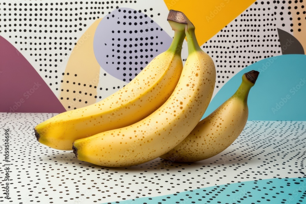 Fototapete A cluster of ripe bananas rests on a colorful abstract backdrop filled with geometric shapes and contrasting patterns. Generative AI