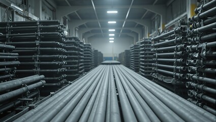 Fototapeta premium Industrial factory floor with organized steel pipes under fluorescent lights