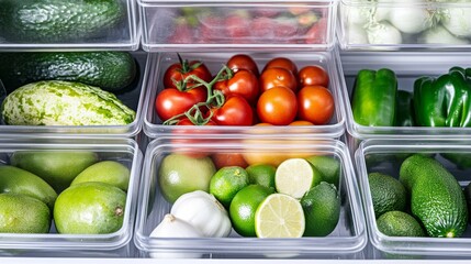 Well-organized Refrigerator Interior Featuring Transparent Plastic Bns Neatly Stocked with an Assortment of healthy fruits, vegetables: Avocados, Tomatoes, White Onions, Limes, Healthy Meal Planning. 