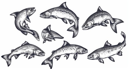 An artistic image of a salmon in line art style. A modern drawing of a fish on a white background. A white background with black and white fish. An illustration of a salmon for a coloring book.