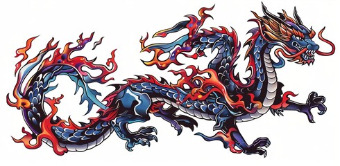 Asian and Eastern mythological creature. Isolated tattoo style modern illustration in blue and green.