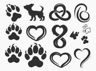 Fototapeta premium Animal pawprints on a set of black and white hearts. Modern illustration of animals symbolizing love and care. Tattoo.