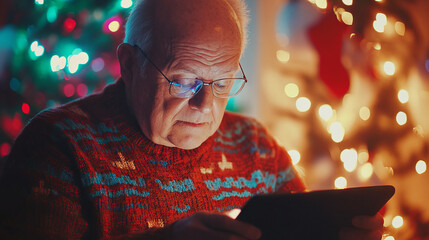 Elderly man in glasses and a festive sweater reading on a tablet, with colorful Christmas lights...