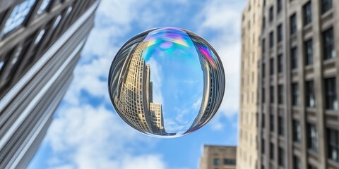 A hovering bubble mirrors city skyscrapers, capturing an unusual perspective of urban architecture marvel.
