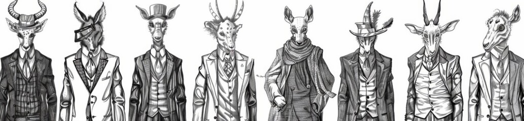 Obraz premium Set of animal characters. Smoking goat, llama skier, deer lady, crocodile, dog, donkey, alpaca. Sketch for a card, label, or tattoo. Anthropomorphism.