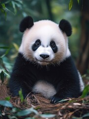 Obraz premium A baby panda is sitting on the ground in a forest. The baby panda is looking at the camera