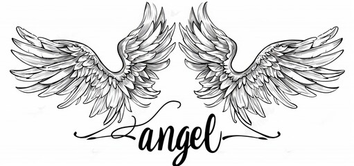 Obraz premium Stylish angel wings hand drawn lettering. Elegant angel wings phrases, sketched flight feather, winged angel wings and lettering set.