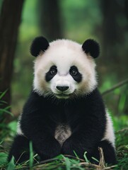 Obraz premium A baby panda is sitting on the grass and looking at the camera. Concept of innocence and curiosity, as the young bear gazes at the viewer. The lush green surroundings