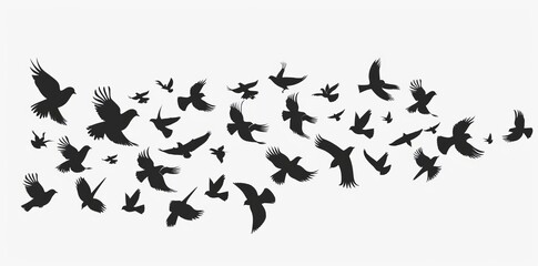 Animated silhouettes of flying birds on white background. Modern illustration. Isolated bird flying. Background design for tattoos and wallpapers.