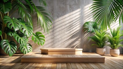 Fototapeta premium Wooden and Stone Product Display Platform with Tropical Leaves and Sunlight Shadows