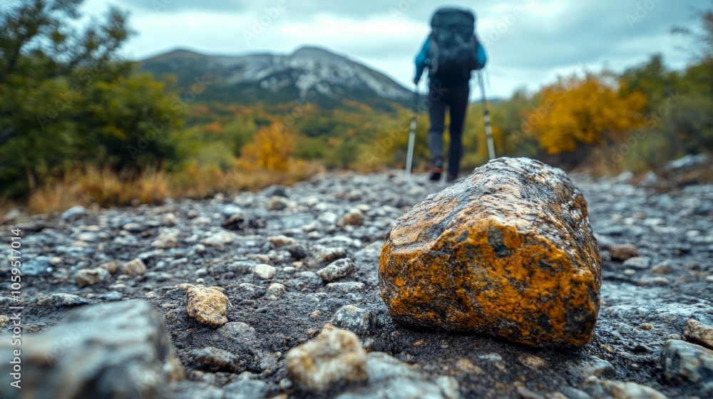 Aufkleber a hiker walks along a rugged trail marked by stones and colorful autumn leaves, with mountains risin