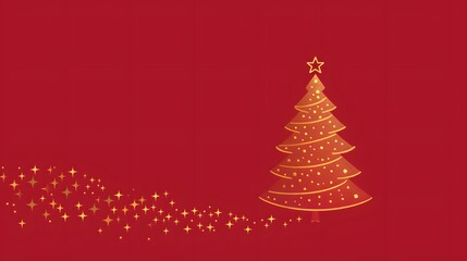 Red Christmas background with a minimalist golden line art Christmas tree and copy space. 