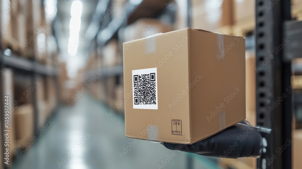 Poster a close-up of a hand holding a cardboard box with a qr code in a warehouse setting.