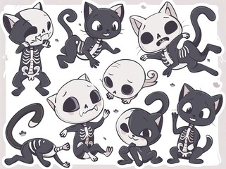 Obraz premium An illustration of skeleton cats on a white background. Funny pets. Collection of black cats with bones costumes. Skeleton cats.