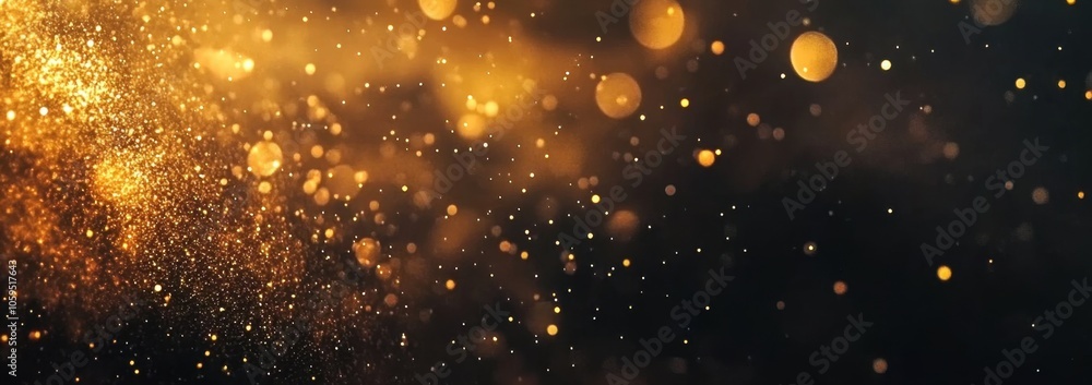 Poster dark background, bokeh effect, golden dust particles floating in the air, creating an ethereal and m