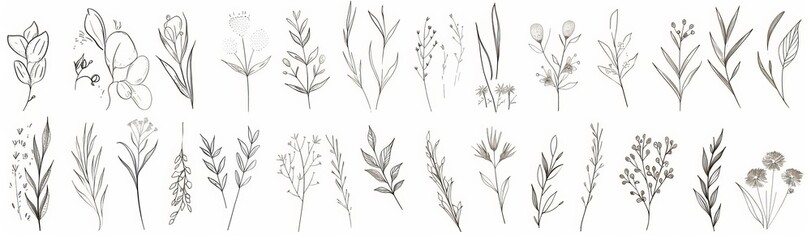 An illustration of grungy greenery to decorate a room, wild and garden plants on branches and leaves. A modern illustration for a logo, tattoo, wedding invitation, save the date card or tattoo.