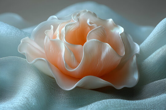 A delicate, peach-colored rose made from soft, translucent material rests on a smooth, pale surface, exuding elegance and artistry.