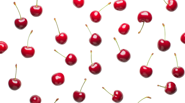 Red cherries pattern on transparent background, fresh and vibrant. Creative food and design concept