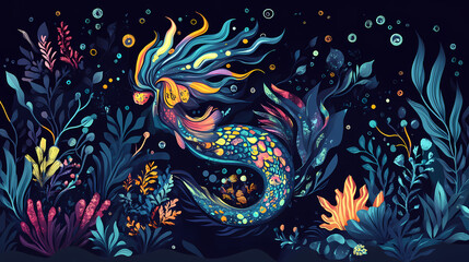 Fantasy scene of deep sea mermaid. Siren of the Sea. Illustration