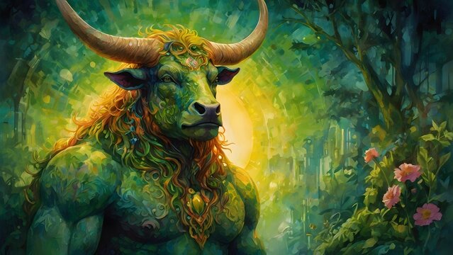 The Mythical Nature God as a Horned Buffalo in Lush Greenery