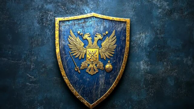 A blue shield with a golden double-headed eagle is displayed against a textured blue wall