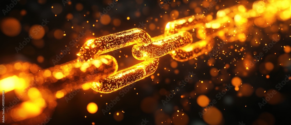 Poster golden chain glowing with sparks and bokeh in a dark background.