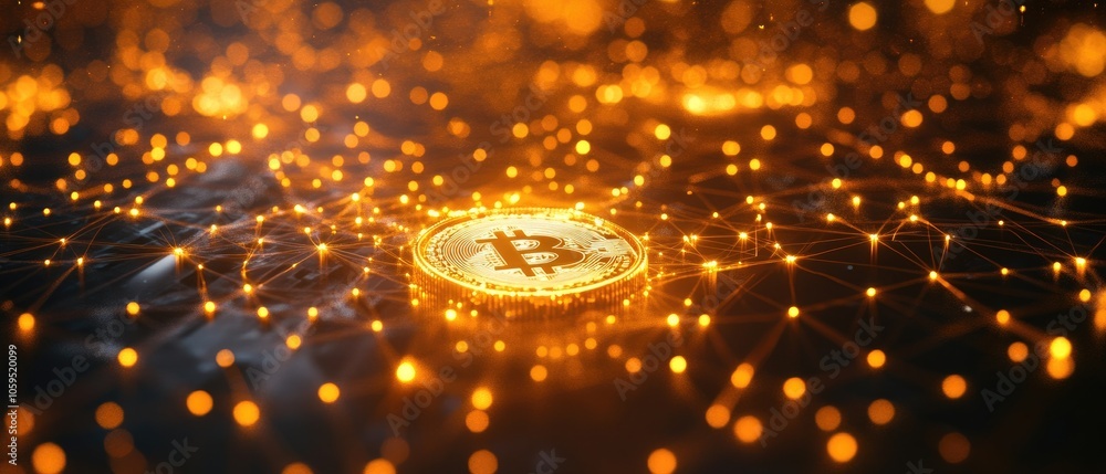 Poster golden bitcoin cryptocurrency symbol on a glowing network with bokeh effect.