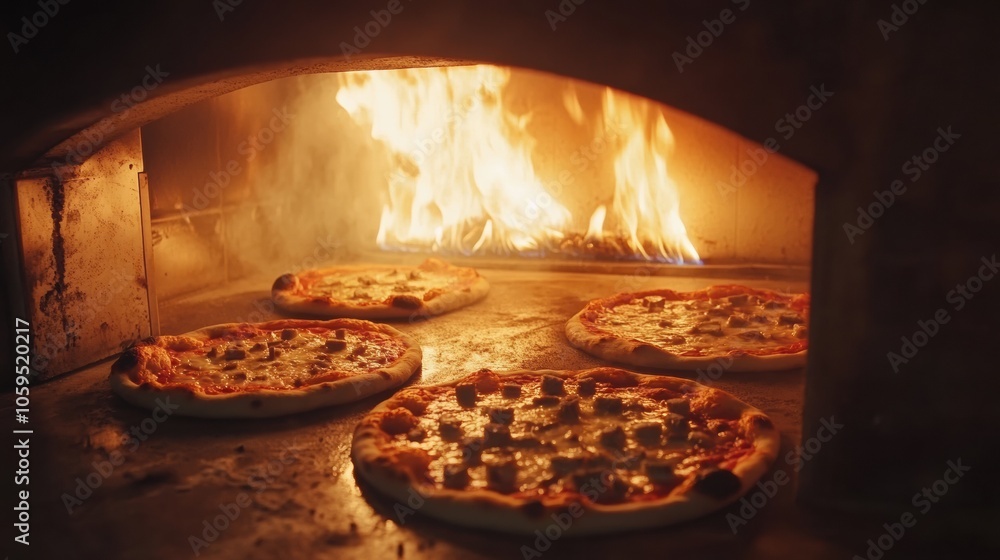 Aufkleber pizzas are baking in a hot oven as flames dance around, creating a perfect environment for delicious