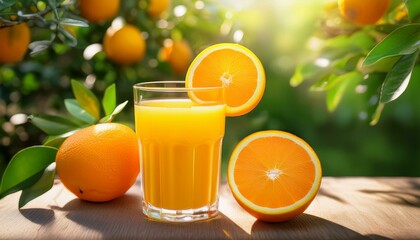 Naklejka premium A glass of fresh orange on the table in the garden