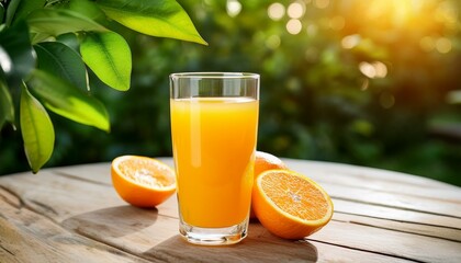 Naklejka premium A glass of fresh orange on the table in the garden