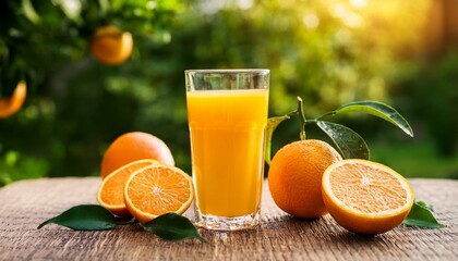 Naklejka premium A glass of fresh orange on the table in the garden