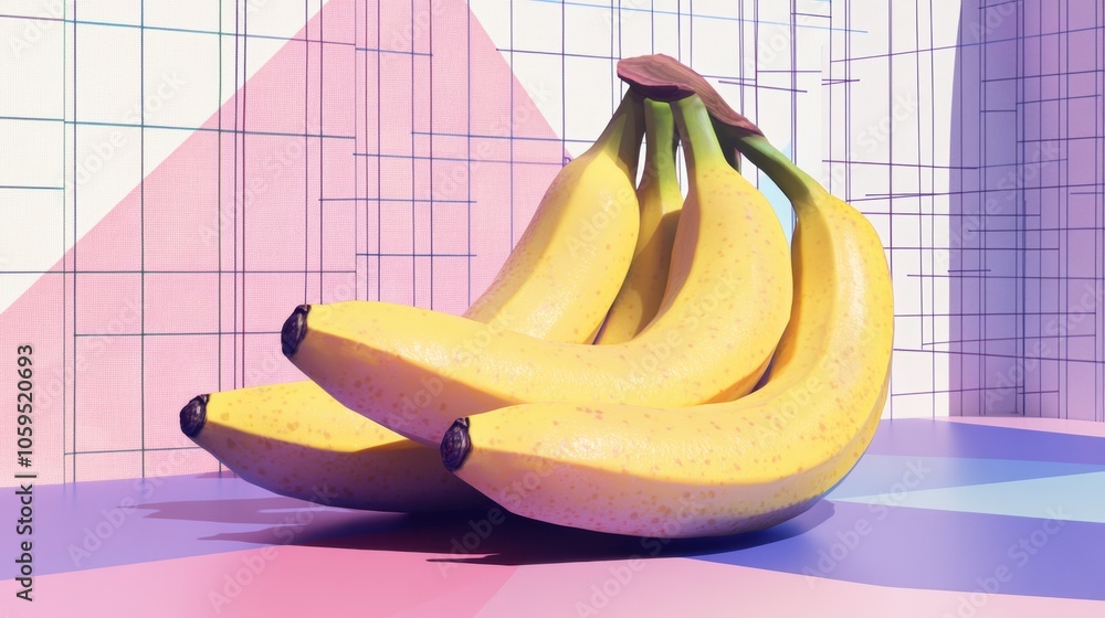 Poster ripe bananas rest on a vibrant backdrop of geometric shapes, creating a striking and colorful displa