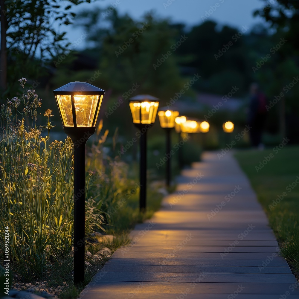 Poster Serene pathway illuminated by warm lanterns in a tranquil evening setting.