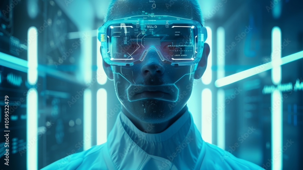 Poster scientist wearing futuristic glasses uses augmented reality interface to interact with data and info