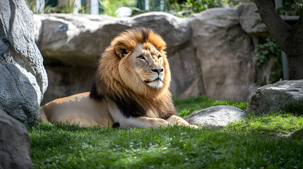 Obraz premium un leon descansando en la naturaleza depredador animal salvaje rey de la selva majestuoso animal 