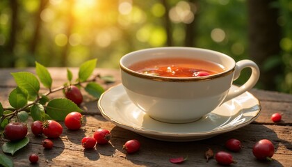Fototapeta premium Cup of rosehip tea on rustic table with fresh berries in nature